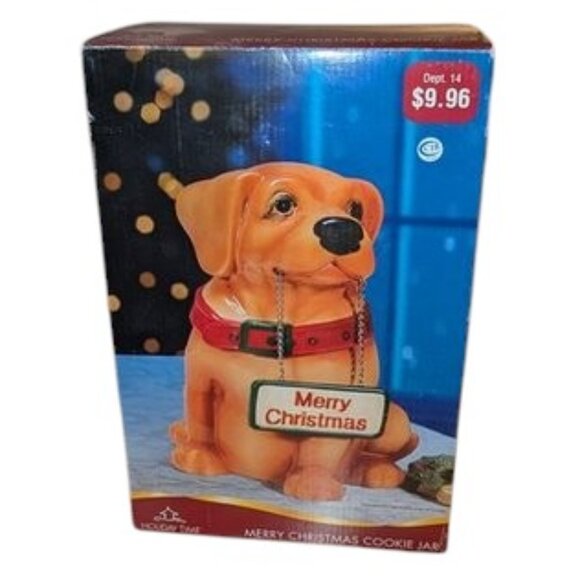NEW Holiday Time Vintage Dog Sign Lab Labrador  Merry Christmas Cookie Jar - Picture 10 of 13